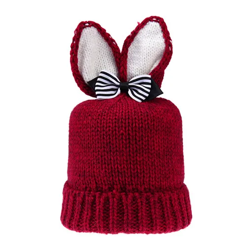 Wine Red Puseky Kawaii Лыжная Милая шапка с заячьими ушками для новорожденных мальчиков и девочек, зимняя теплая шапка с кроликом, вязаная шапка с плюшевой шапочкой, полосатые шляпки с бантом - Цвет: Wine Red