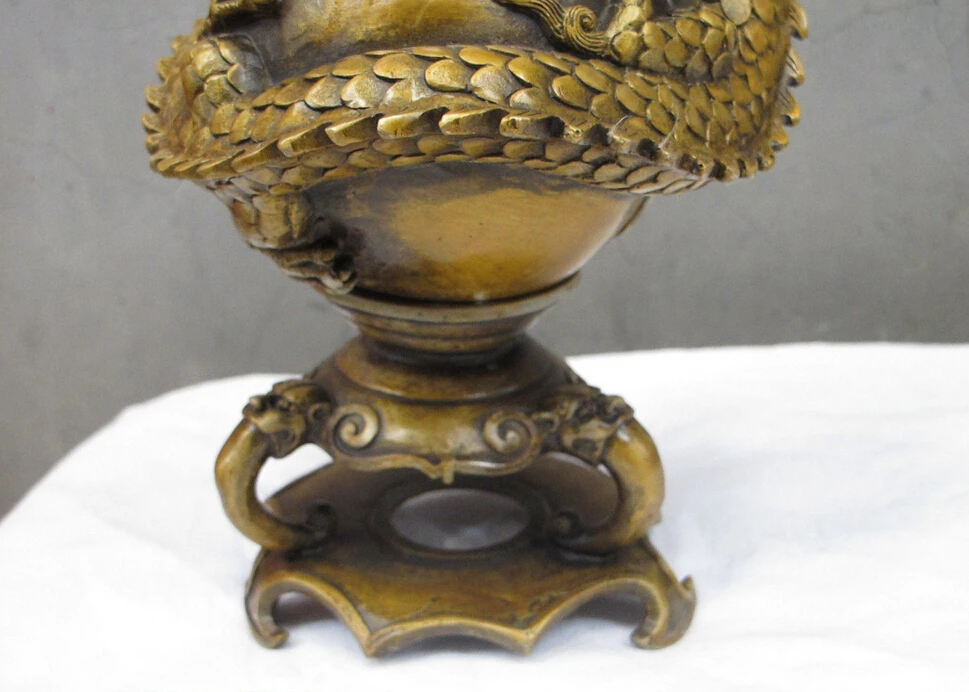 9&quotChinese Feng shui Bronze gilt Coiled dragon Seal of Fire ball incense burner | Дом и сад