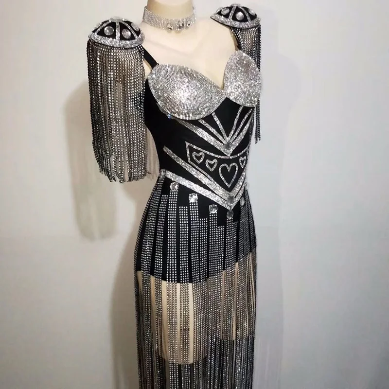 New Crystals Epaulet Fringes Leotard Sexy Women Sparkly Tassel Outfit Women Celebrate Costume Stage Party Singer Dance Wear