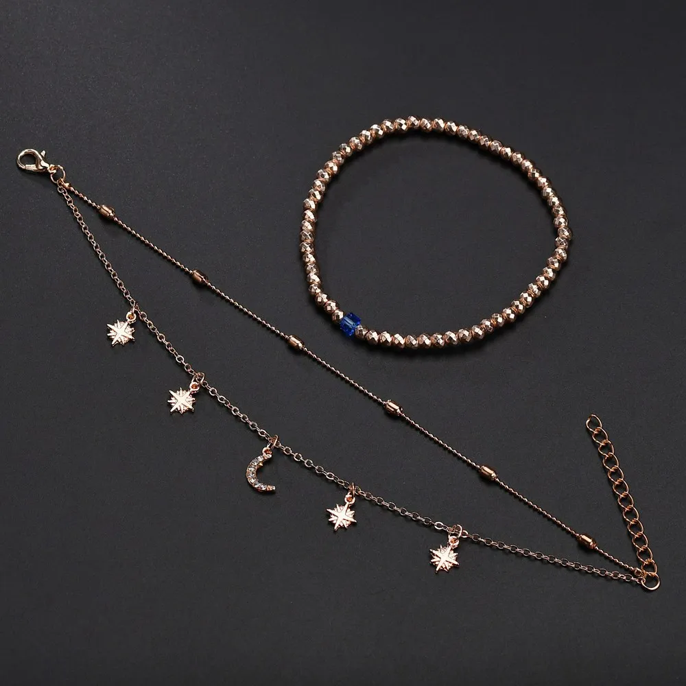 New street shoot personality fashion sexy 3 layers chain gold color crystal beads Moon Star Bracelet Anklets women Jewelry | Украшения и
