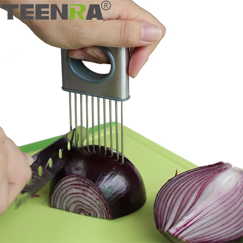 Серебристый TEENRA1Pcs держатель для лука, вилка из нержавеющей стали, томатный слайсер, резак, металлический держатель для лука, для нарезки мяса, вилка для кухни - Цвет: Серебристый