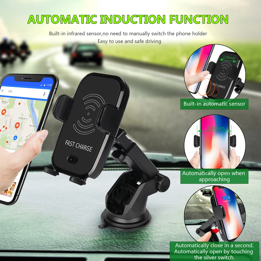

NTSPACE Car Infrared Sensor Automatic Qi Fast Wireless Car Mobile Phone Charger for iPhone X 8 Plus Samsung S9 S8 Plus S7 Note 8