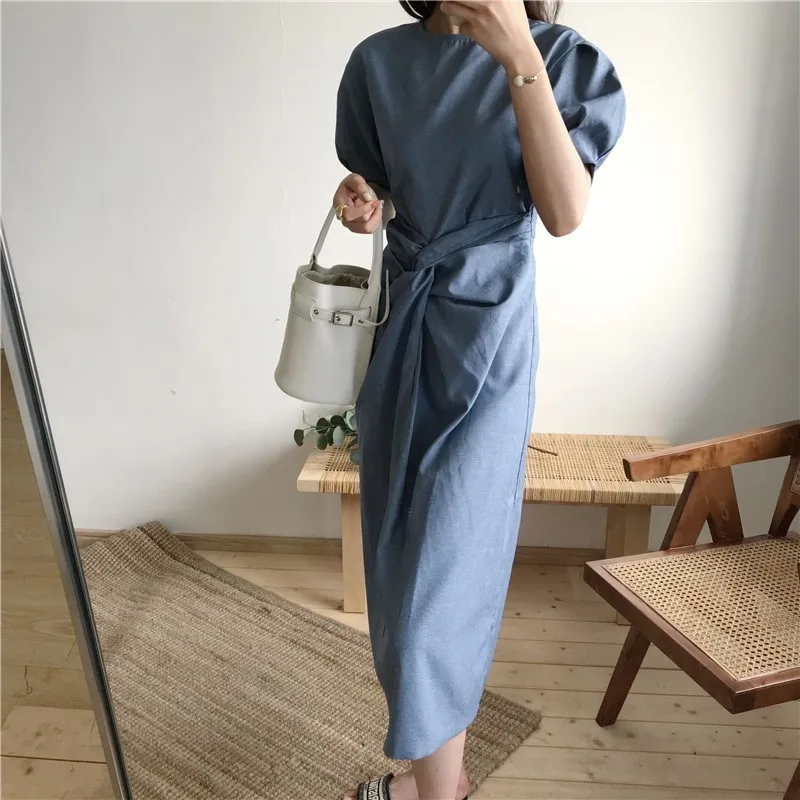 Женское винтажное платье CHICEVER синее до середины икры с о образной горловиной и