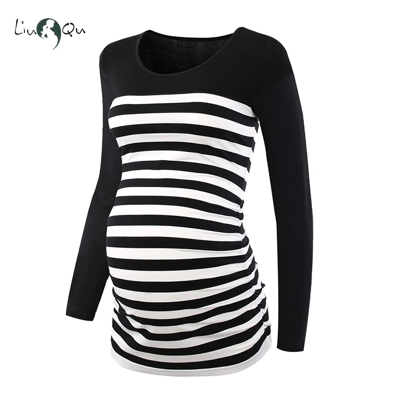 Блузка с длинным рукавом для беременных оборками по бокам Одежда полосатый топ