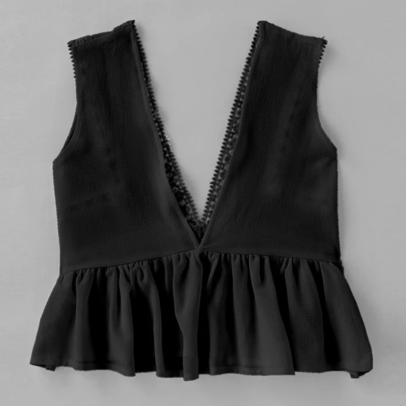 COLROVIE погружающийся V-Neck кружевной Обрезной жабо подол Топ Белый контрастный кружевной гофрированный подол Женский Топ Глубокий v-образный вырез укороченный жилет