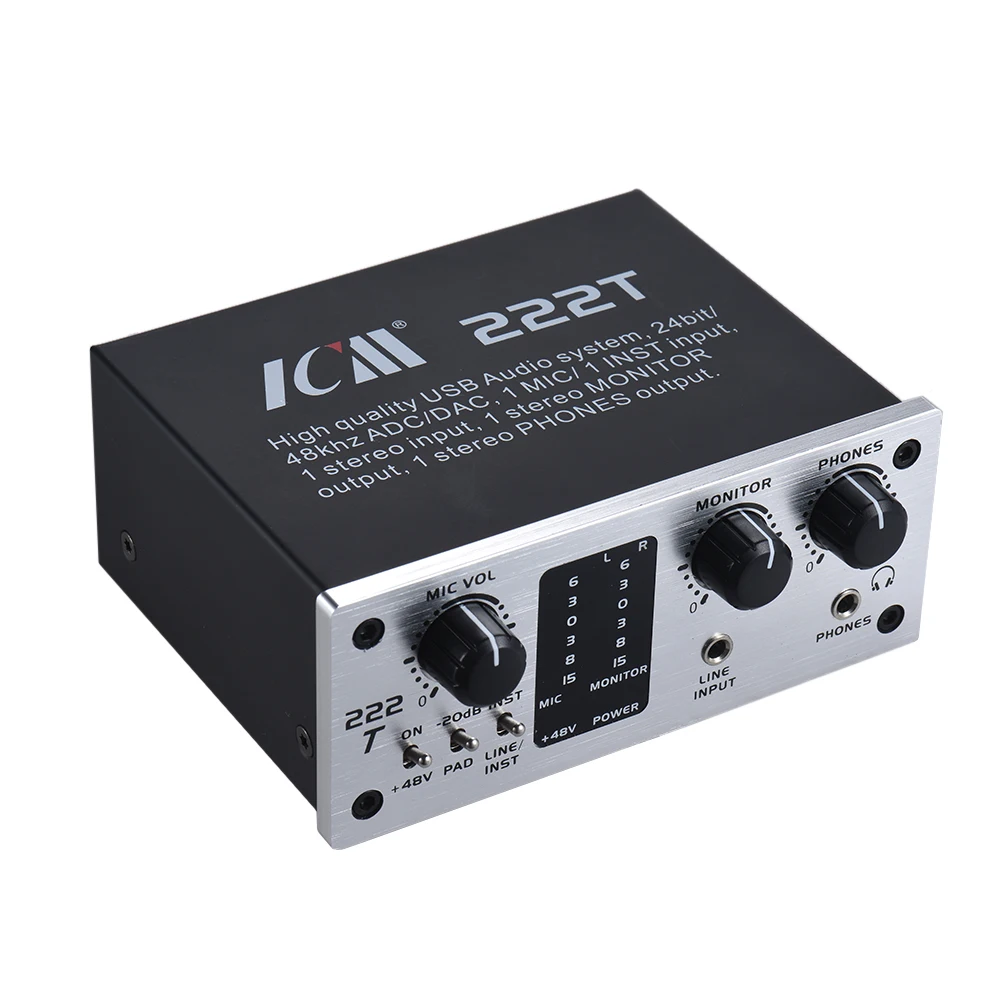 222A 2-х канальный USB аудио Системы Интерфейс внешняя звуковая карта+ 48V phantom Мощность DC 5V Питание для компьютеру с помощью кабеля USB