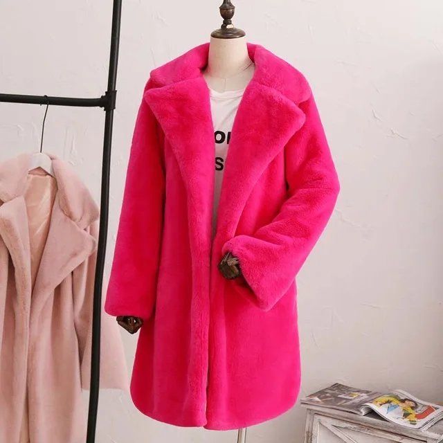 rose red fur coat Уютные Шубы из искусственного кроличьего меха, шикарные женские зимние куртки, мягкие Меховые куртки из кроличьего меха, плотные теплые длинные пальто для женщин - Цвет: rose red fur coat