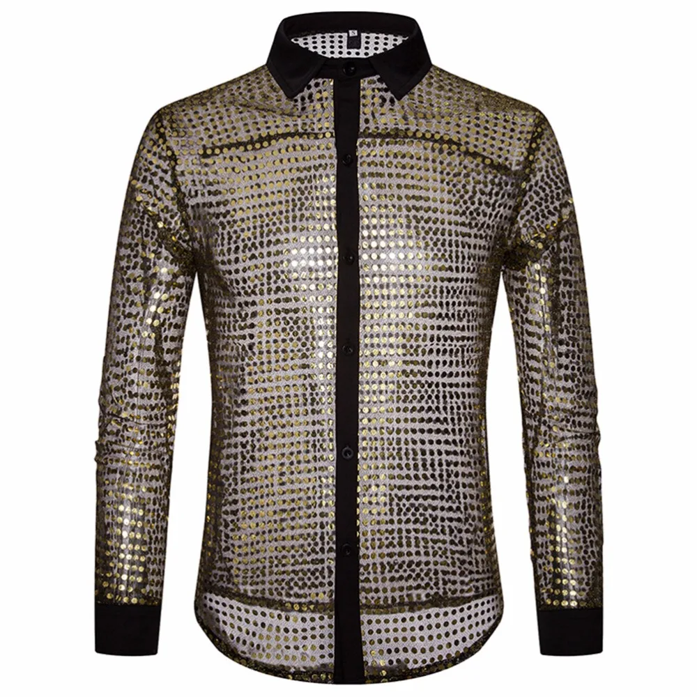Мужские Hipster Clubwear золото рубашки Slim Fit с длинным рукавом пикантные Повседневная