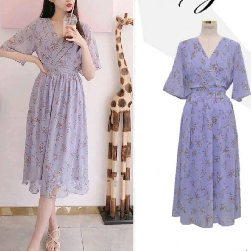 

Женское винтажное пляжное платье, шифоновое приталенное платье с цветочным принтом, V-образным вырезом и рукавами-лепестками, лето