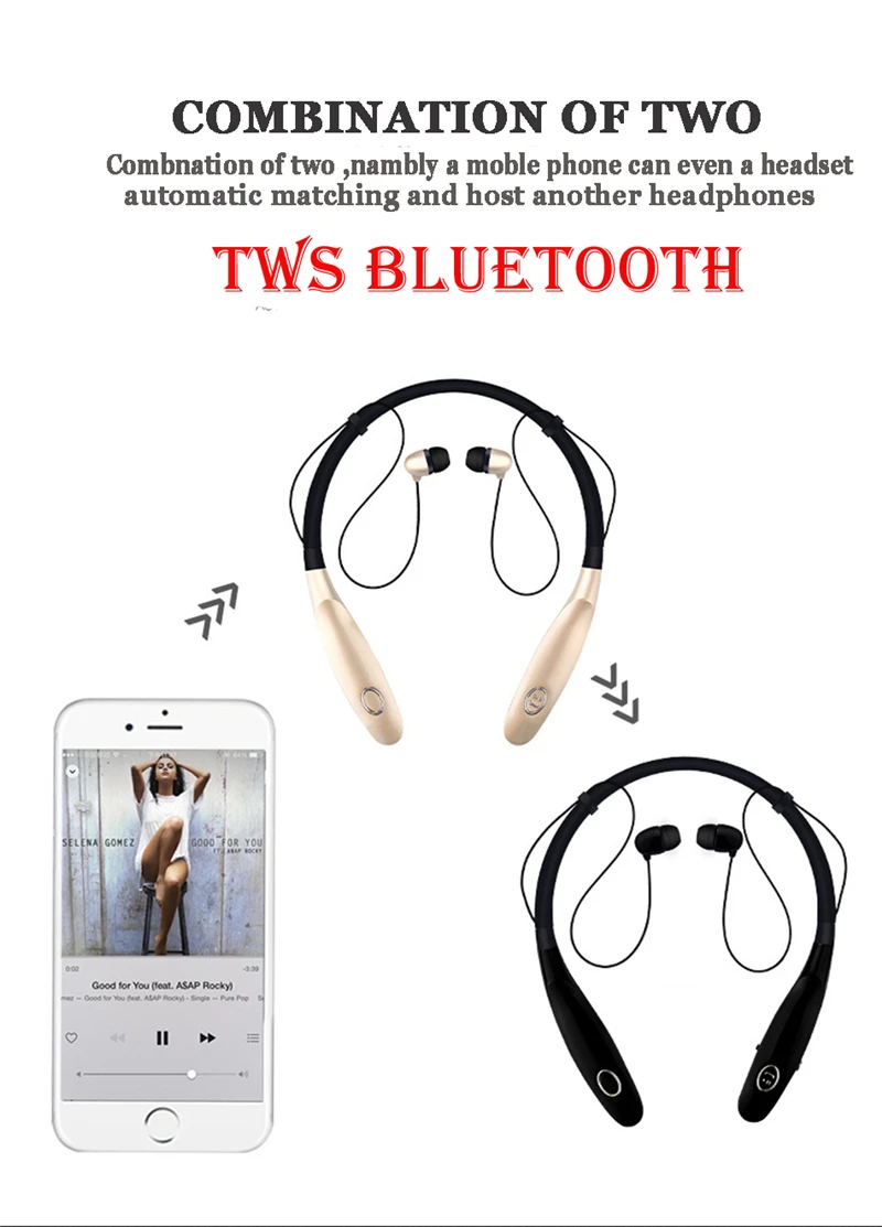 Беспроводные Bluetooth наушники 3D стерео гарнитура с шейным ободом спортивные наушники бас наушники-вкладыши с микрофоном для всех телефонов