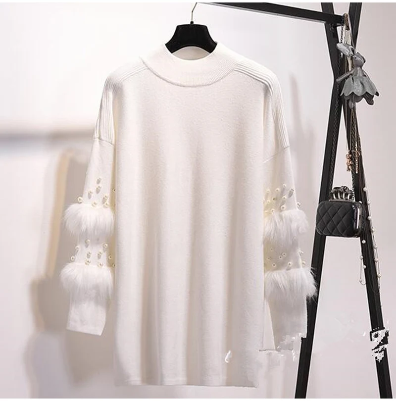 Women Winter Faux Fur Sweater Fashion Pearls Turtleneck Knitted Pullover Female Rabbit Fur Embellish Long Sweaters jumper