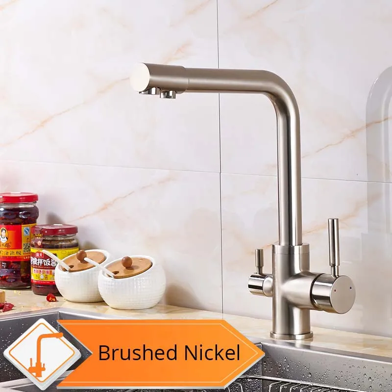 brushed Nickel Хромированный латунный отвод очищенной воды, кухонный смеситель, кухонный кран, чистый фильтр для воды, бортике, двойные ручки, краны для горячей и холодной воды - Цвет: brushed Nickel