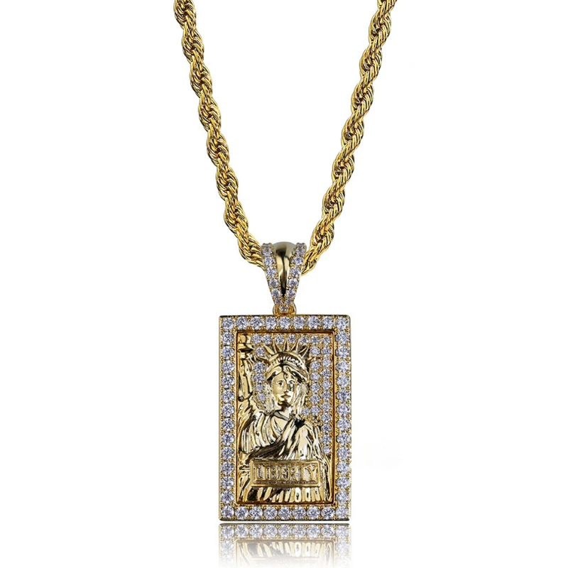 

European and American Statue of Liberty Square Pendant Micro setting zircon hiphop men's necklace