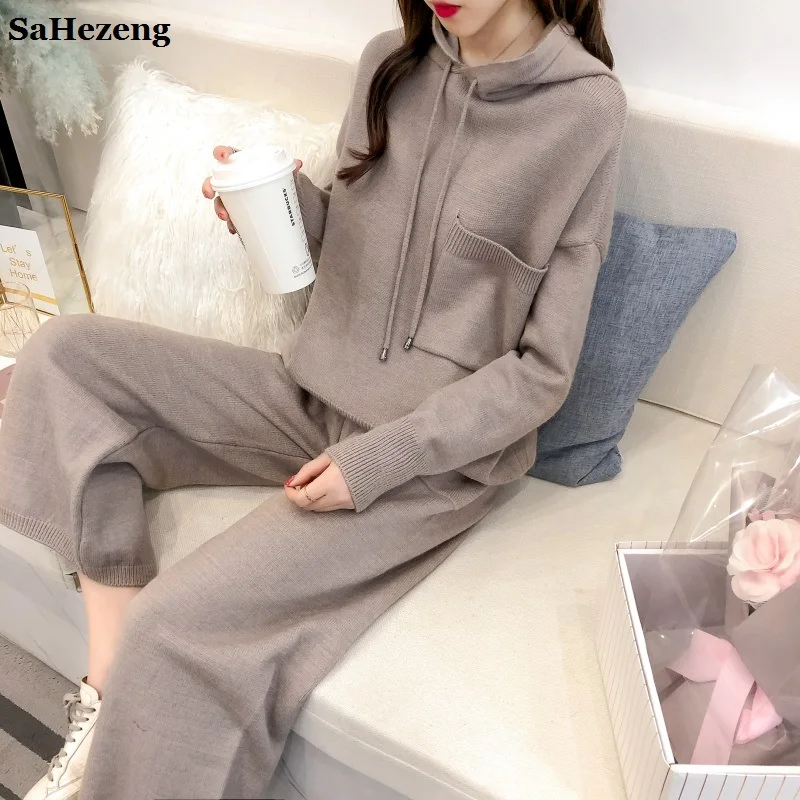 

2 Pieces Fashion Women Sets 2020 Autumn Winter Loose Casual Sweater Knitted Pants Sets Female Sweater Pants Suits Jumper A93-1