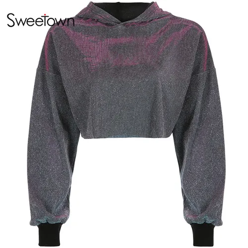 silver Sweetown/укороченные толстовки больших размеров с серебристым блеском и длинным рукавом; Женская толстовка с круглым вырезом; уличная одежда в Корейском стиле; модная укороченная Толстовка - Цвет: silver