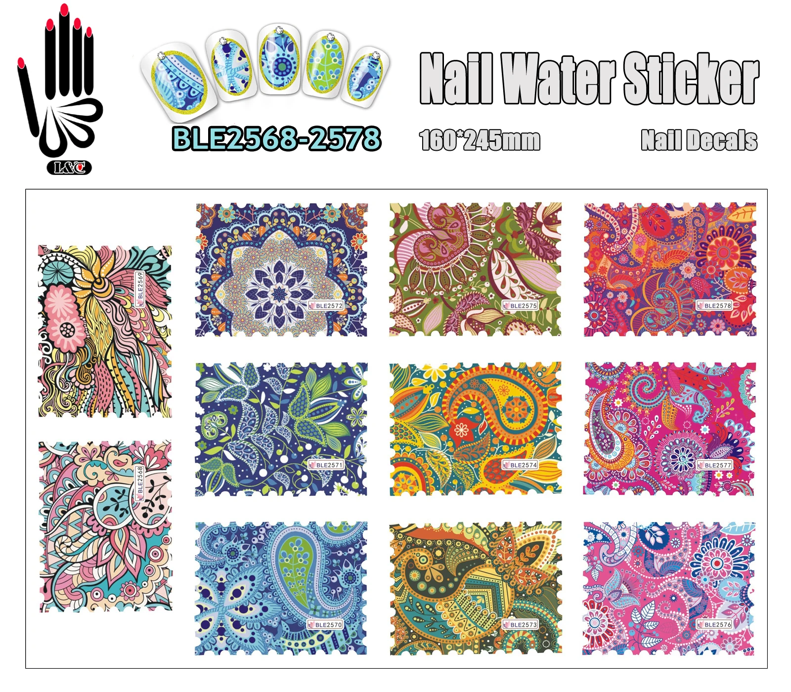 

11 Sheets/Lot Newest Nail Tattoo BLE2568-2578 Mandala Paisley Full Nail Art Water Sticker Decal for Nail Beauty(11 DESIGNS IN 1)