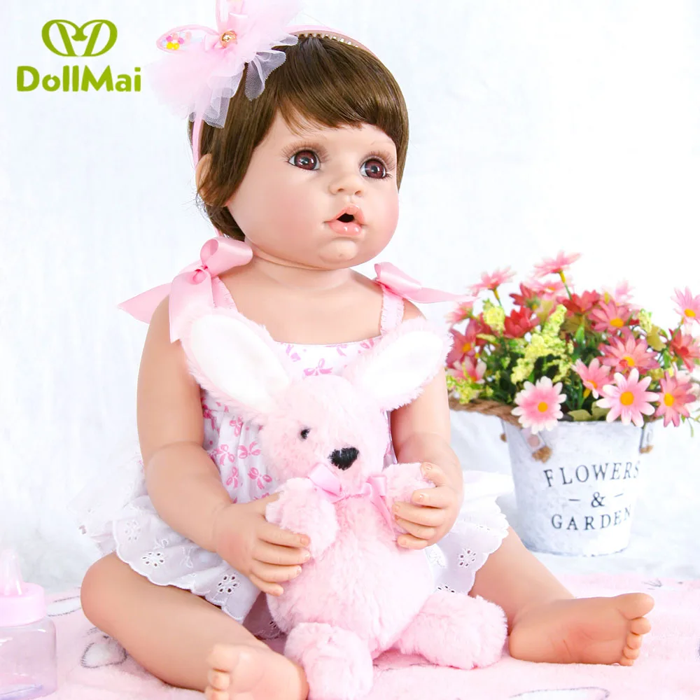 

55cm Silicone vinyl reborn dolls lifelike brown eyes doll reborn in Pink suspender dress Princess interactive girl toy bebe gift