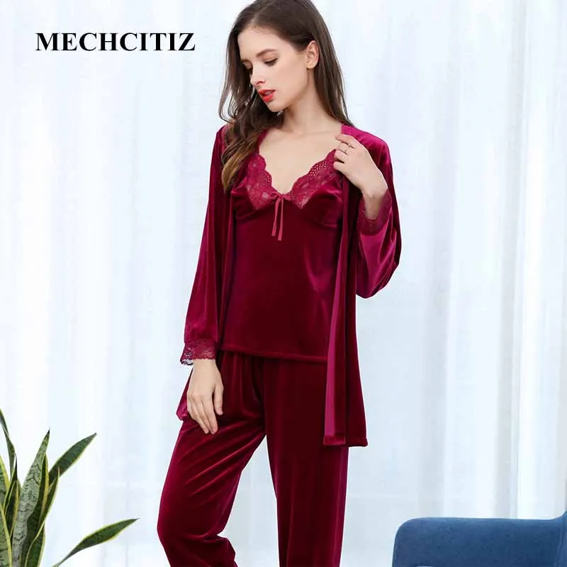 MECHCITIZ 3 pieces women pajamas set winter warm velvet bathrobe top pants sleepwear sets autumn robe home clothes | Женская одежда