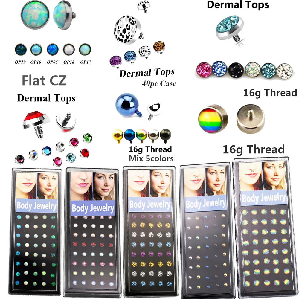 

40PCS/Case 316L Surgical Steel 16g Opal Micro Dermal Anchor Gem Micro Dermal Anchor Top Dermal Piercing Surface Piercing Jewelry