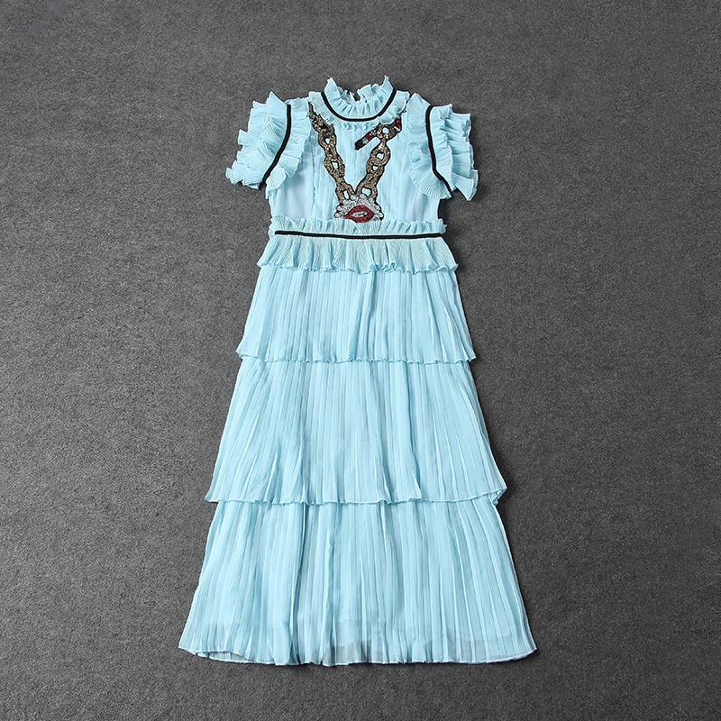 Женское богемное шифоновое платье миди красное многослойное с бисером в виде губ