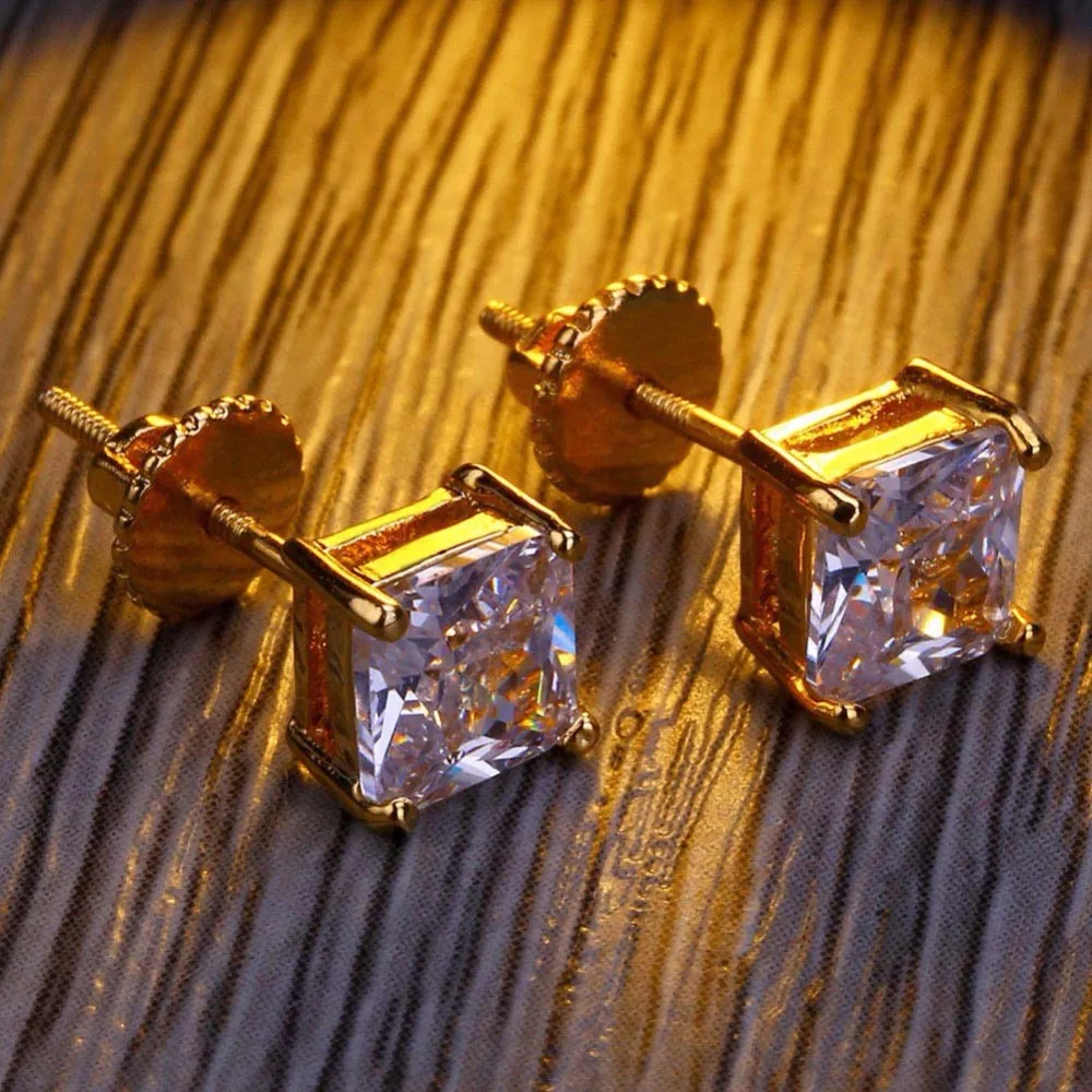 

Hip Hop Claw Setting Cubic Zirconia Bling Ice Out Stud Earring Male Gold Color Copper Square Earrings for Men Fashion Jewelry