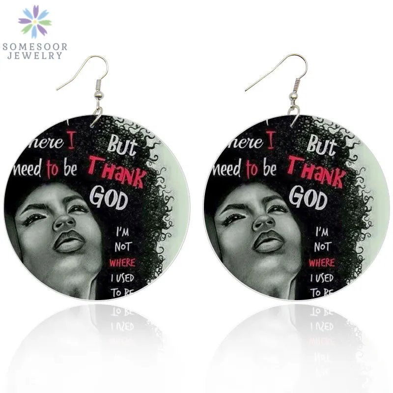 

SOMESOOR Both Sides Printing African Curly Woman Wood Drop Earrings Afro Natural Hair Photos Dangle Jewelry For Black Gift