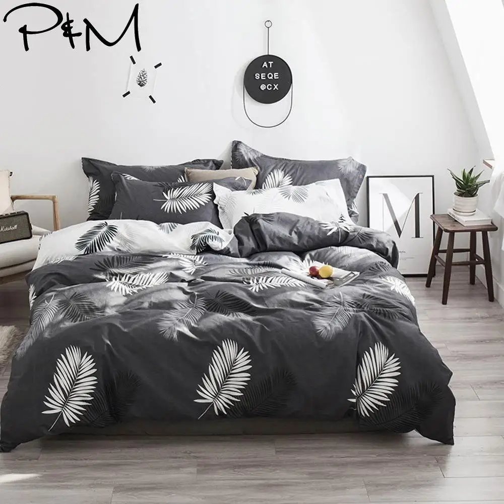 Пододеяльник с белыми листьями темно-серый хлопковый комплект постельного белья