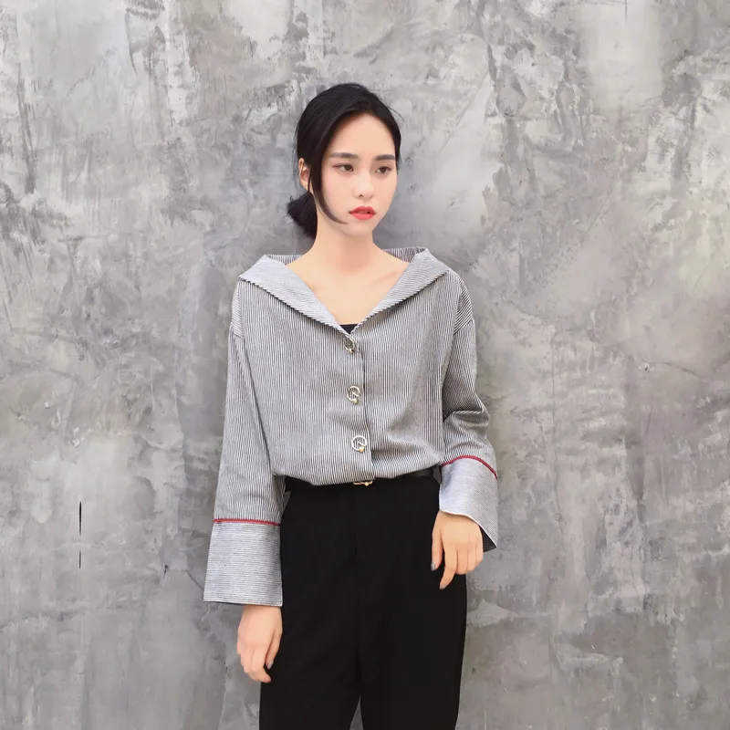 Женская блузка с длинным рукавом Повседневная Свободная в синюю полоску модель