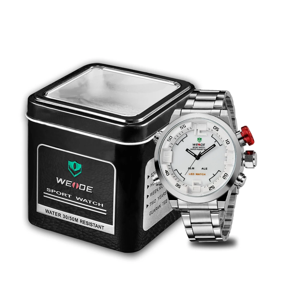 Фото WEIDE мужские спортивные часы из нержавеющей стали белые кварцевые аналоговые WEIDE мужские спортивные часы из нержавеющей стали белые кварцевые аналоговые