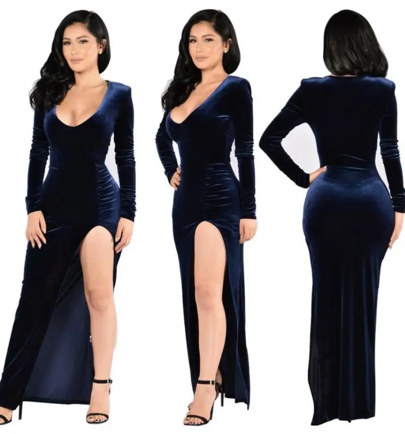 Весна Новый Сексуальный Глубокий V шеей Золото Бархат Тонкий Dress Для Ночь женщины
