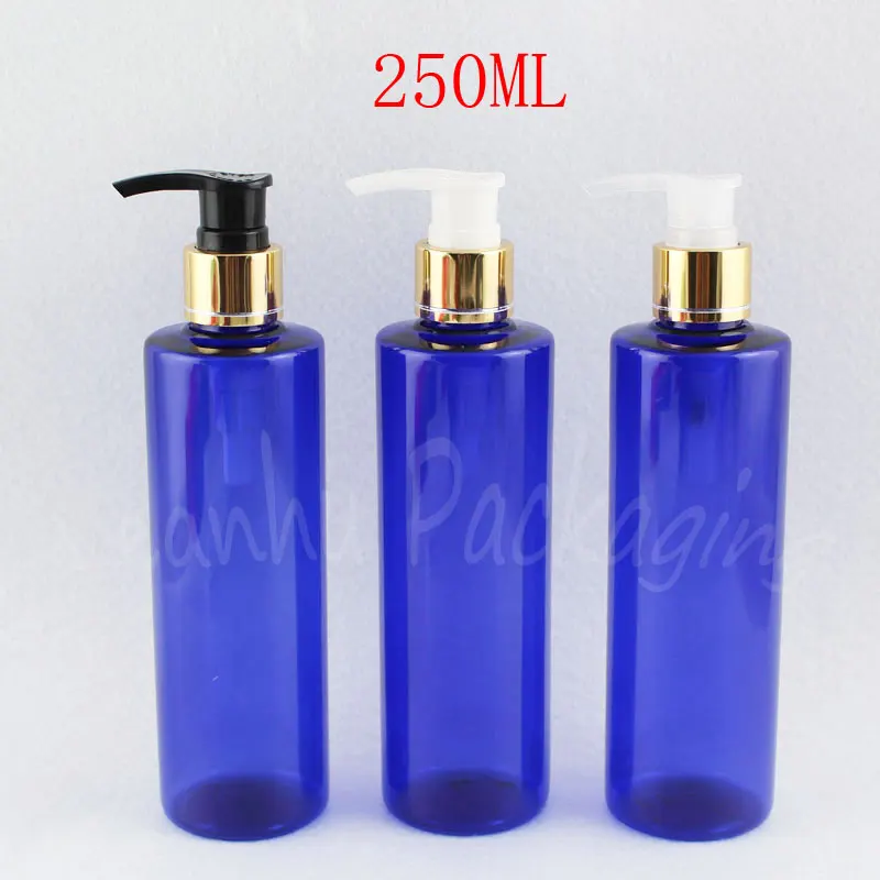 250ML Blue Flat Shoulder Plastic With Gold Lotion Pump , 250CC Shower Gel / Lotion Sub-bottling , Empty Cosmetic Container