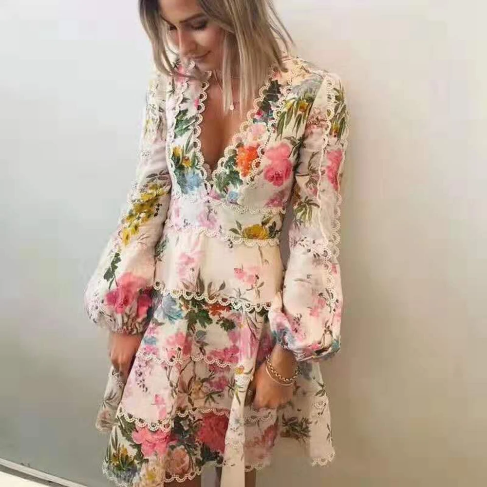 Модное Цветочное платье с длинным рукавом, глубоким v-образным вырезом, сексуальное женское платье, летнее клубное мини вечерние платья