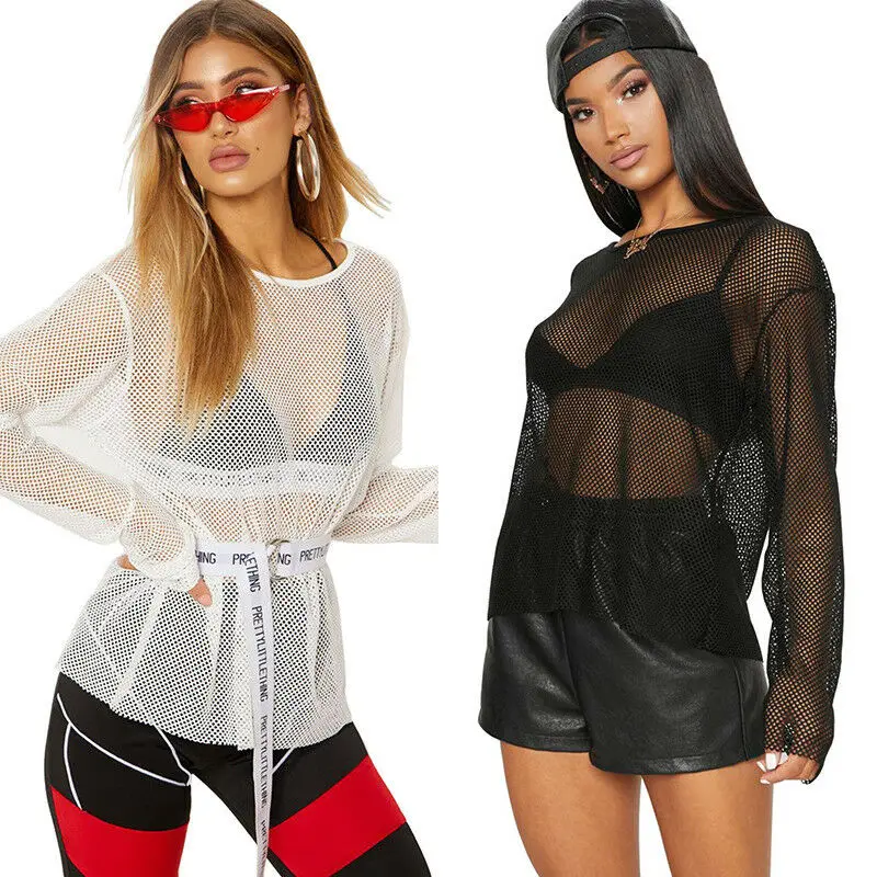 Сексуальная женская футболка черный белый сетчатый топ с сеткой прозрачные рубашки повседневные свободные