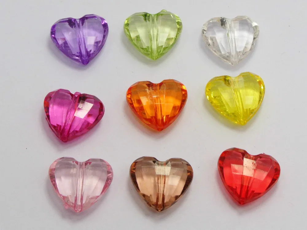 Фото 50 разноцветных прозрачных акриловых граненых бусин в форме сердца 23х16 мм|bead