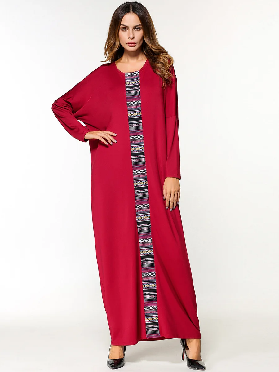 Muslim Abaya Red Cotton Embroidery Maxi Long Dress Dolman Sleeved Patchwork Kimono Jubah Robe Arab Islamic Clothing Full Length |