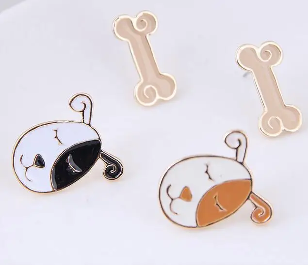 Модные ювелирные изделия серьги гвоздики в виде маленькой собаки и кости яркие