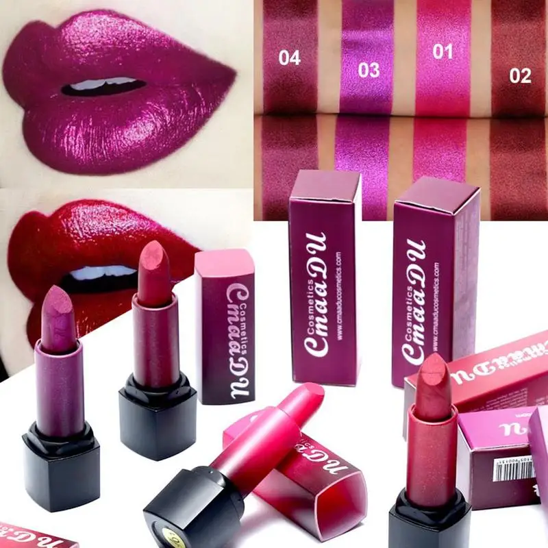 CmaaDu Moisturizing Metal Dark Red Purple Lipstick Shiny Shimmer Lip Makeup Pearlescent Lipsticks Durable Waterproof Lip Stick