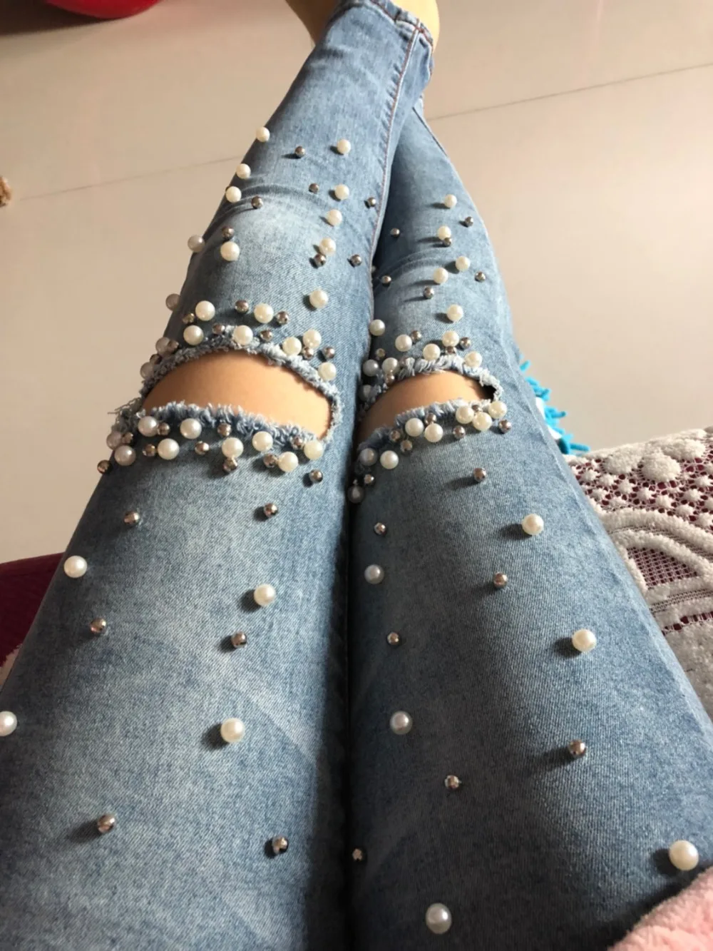 Beadeding Hole Jeans Elasticity Pants Spring Summer Classic Casual Jeans Women