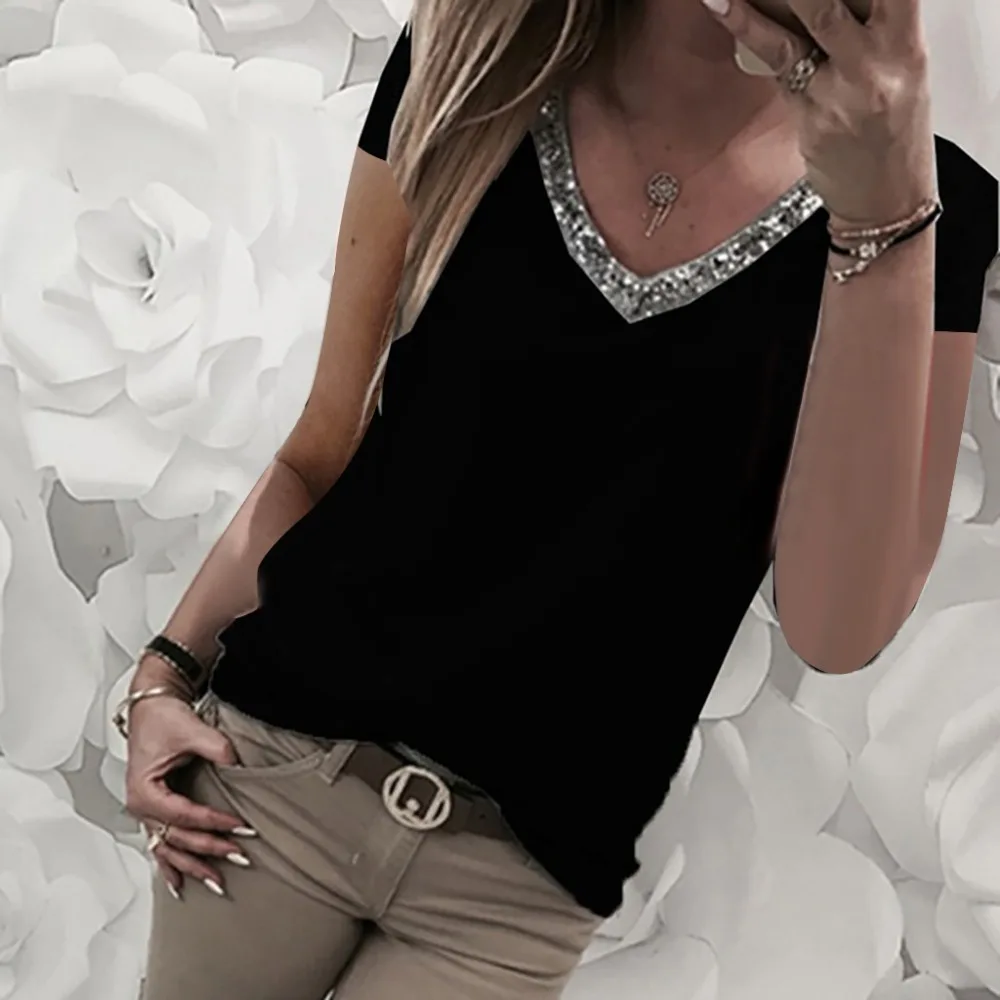 Women Fashion Casual t-shirt Summer Pure Splice V-collar Sequila Short-sleeved T-shirt Women's Push Size Loose Top Female tshirt | Женская