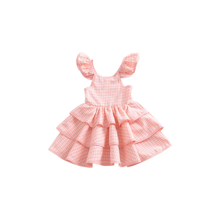 

Kids Girls Plaid Backless Halter Dress Fly Sleeve Princess Pink Color Lovely Kids Summer Holiday Cake Layered Dress