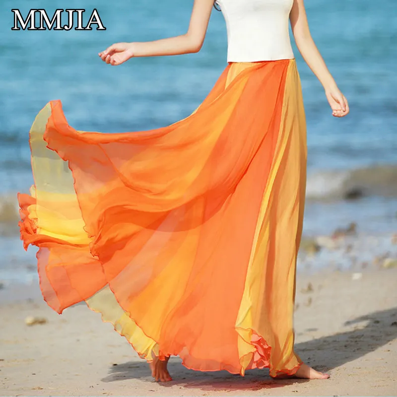 Женские длинные шифоновые юбки радужных цветов лоскутные плиссированные макси с