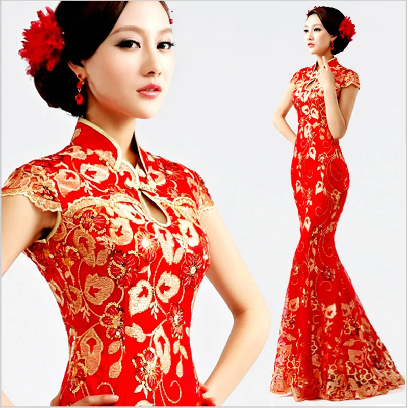Красный Для женщин винтажные Cheongsam Сексуальная Qipao кружева рыбий хвост длинное