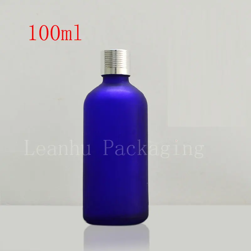 Blue frosted 100ml bottles of essential oils with silver cap, glass bottle with child proof cap cosmetic packaging 12pc/lot