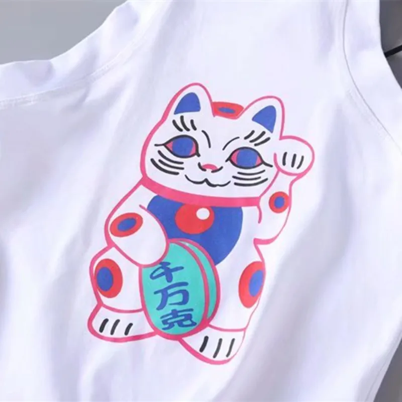 Harajuku/женские майки с принтом кота, короткий женский топ без рукавов, хлопковая Летняя женская одежда