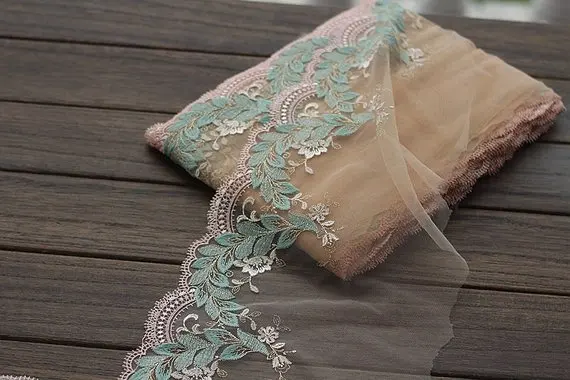 2 ярда кружевная отделка изысканные зеленые листья вышитые Персиковое Тюлевое