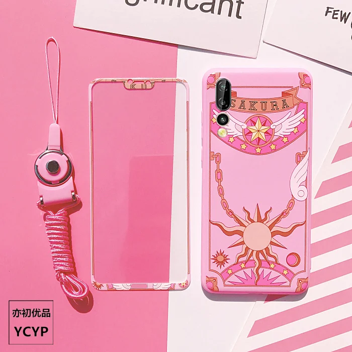 Розовый чехол Sakura для huawei P20 /P20pro из ТПУ и переднее закаленное стекло nova2s/ nova 3e /honor