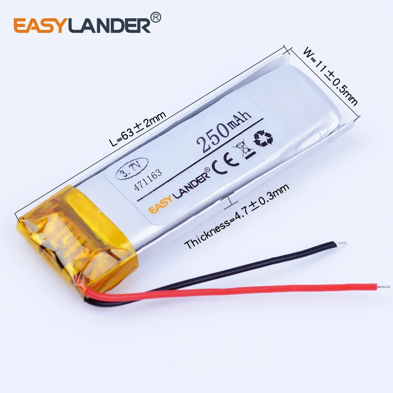 10pcs/Lot 471163 3.7V 250mAh Rechargeable Lithium Li Polymer Li-ion Battery For Bluetooth Headset Mp3 MP4 DVR GPS PSP PDA tools |