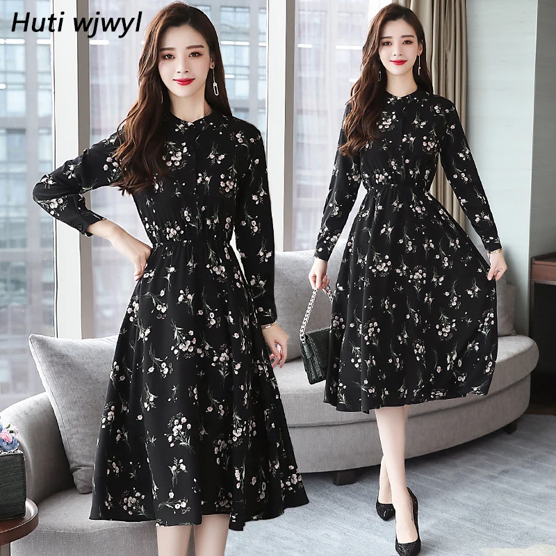 

Autumn Winter Black Vintage Floral Chiffon Midi Dress Plus Size Boho Dresses 2022 Elegant Women Party Long Sleeve Dress Vestidos