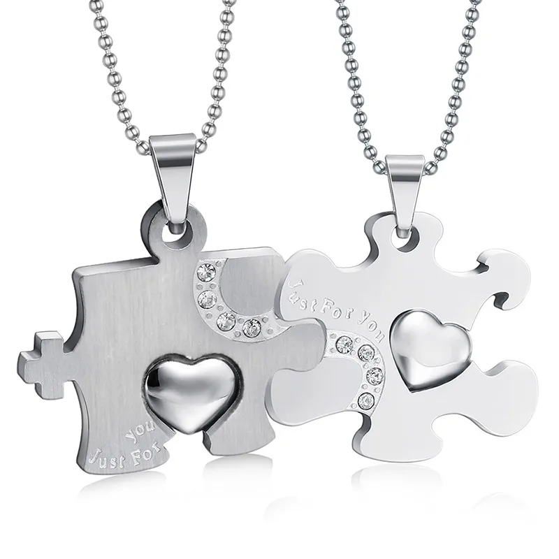 silver Мужская Wo men s 2 шт "Just For You" из нержавеющей стали подходящая Головоломка Сердце Любовь влюбленные пары кулон ожерелье - Окраска металла: silver