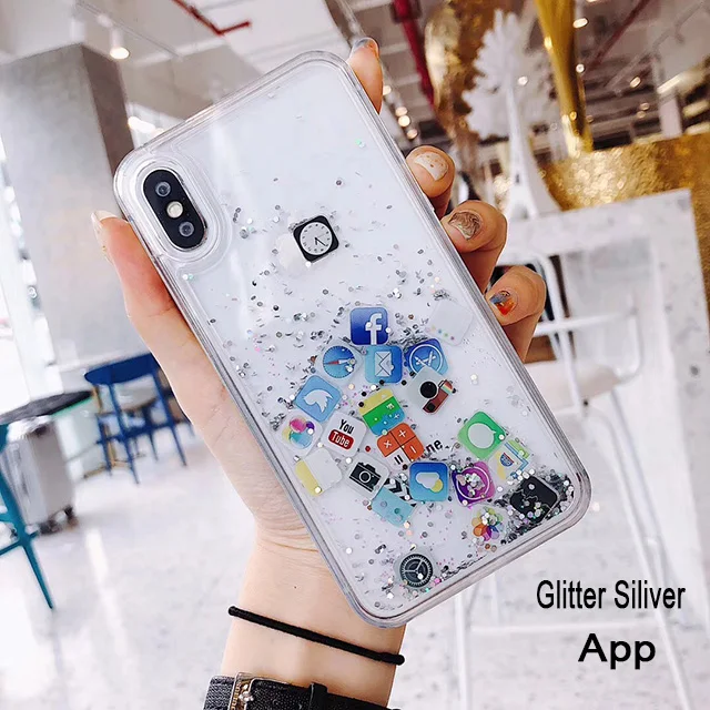 APP Glitter siliver Чехол Quicksand Capinha для iPhone 11 Max Pro, динамический жидкий жесткий чехол из поликарбоната для iPhone 7 7Plus 8 6s Plus 5 SE X XR XS Max, значок приложения - Цвет: APP Glitter siliver
